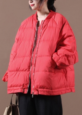 Neuer Lässiger Damenparka Rote Stehkragenjacke Mit Rüschen Warmer Wintermantel