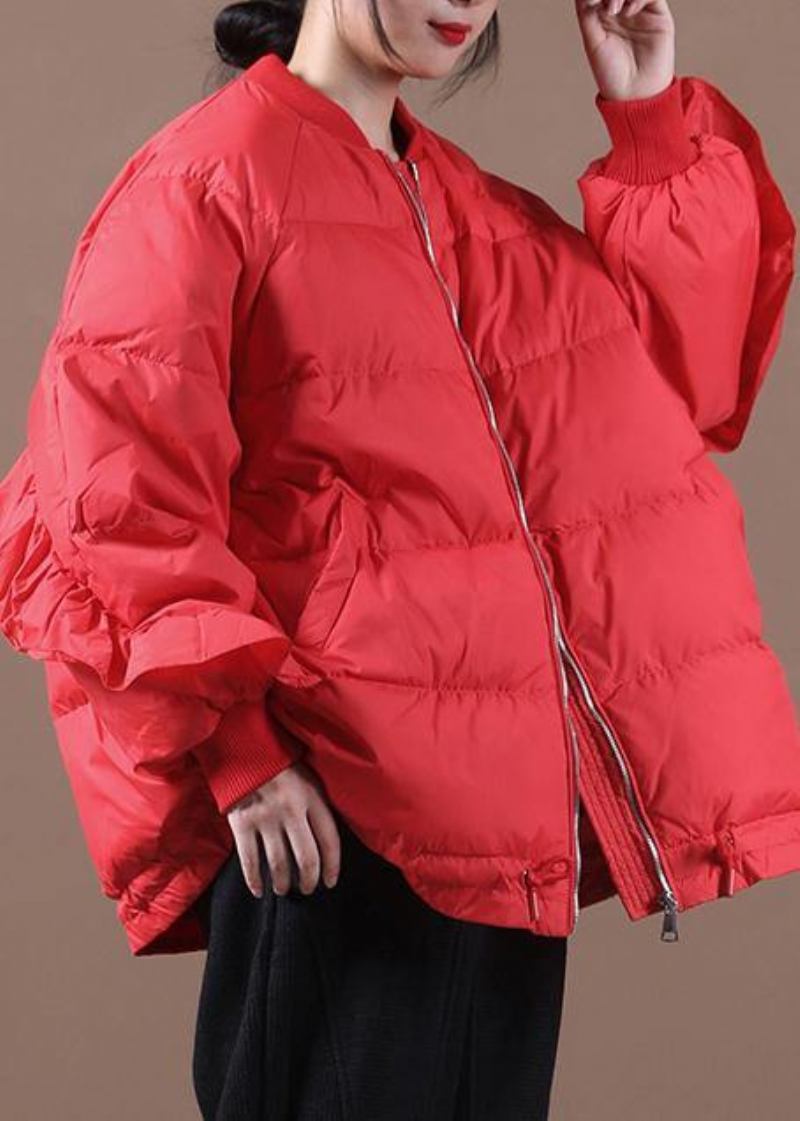 Neuer Lässiger Damenparka Rote Stehkragenjacke Mit Rüschen Warmer Wintermantel - schwarz