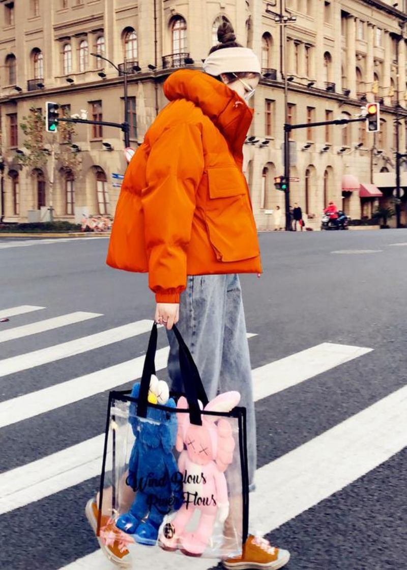 Neuer Orangefarbener Daunenmantel In Übergröße Damenparka Mit Stehkragen Große Taschen Feine Mäntel - blau