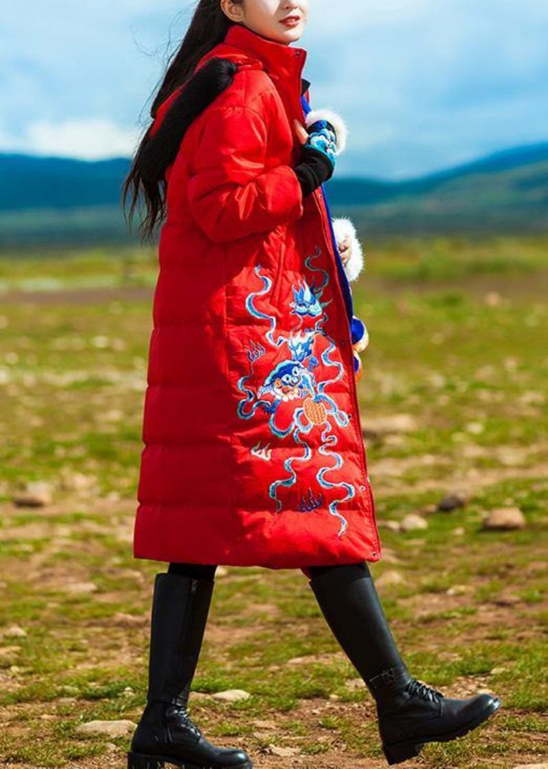 Neuer Roter Daunenmantel Aus Gänsedaunen In Übergröße Bestickte Daunenjacke Mit Kapuze Elegante Jacken - Damen-Daunenjacken