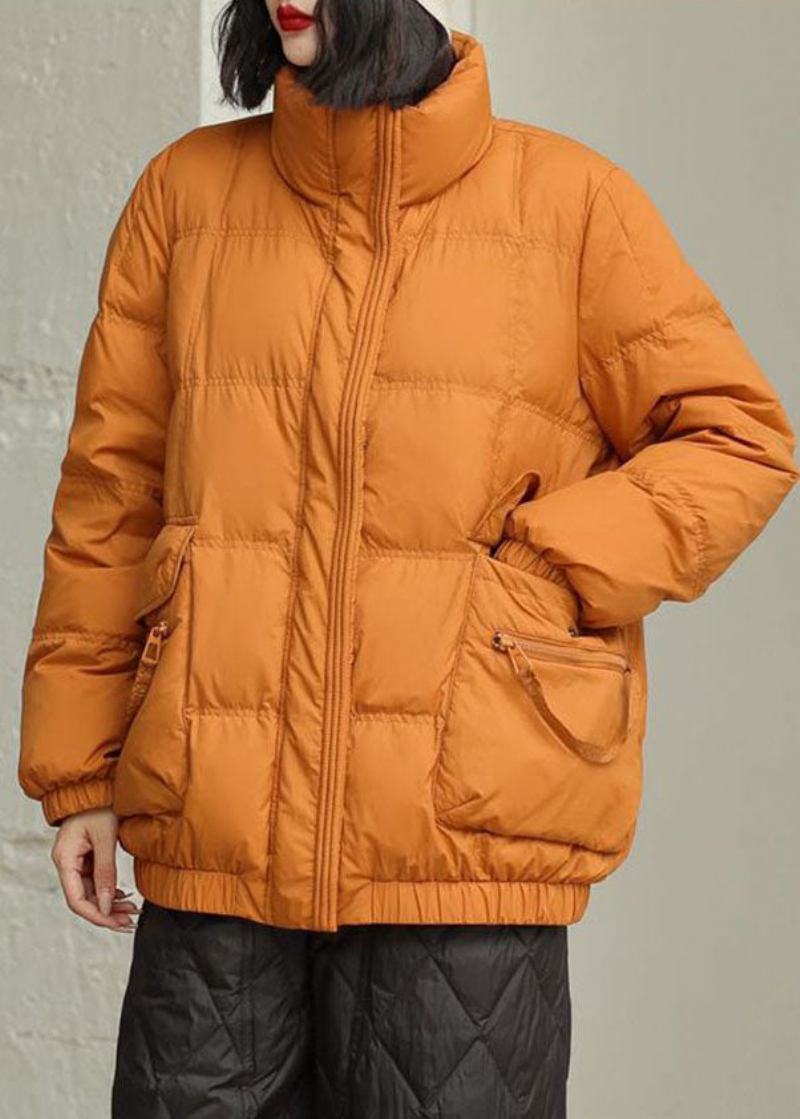 Orangefarbene Daunenjacke Mit Stehkragen Und Reißverschlusstaschen Zum Selbermachen Für Den Winter - Damen-Daunenjacken