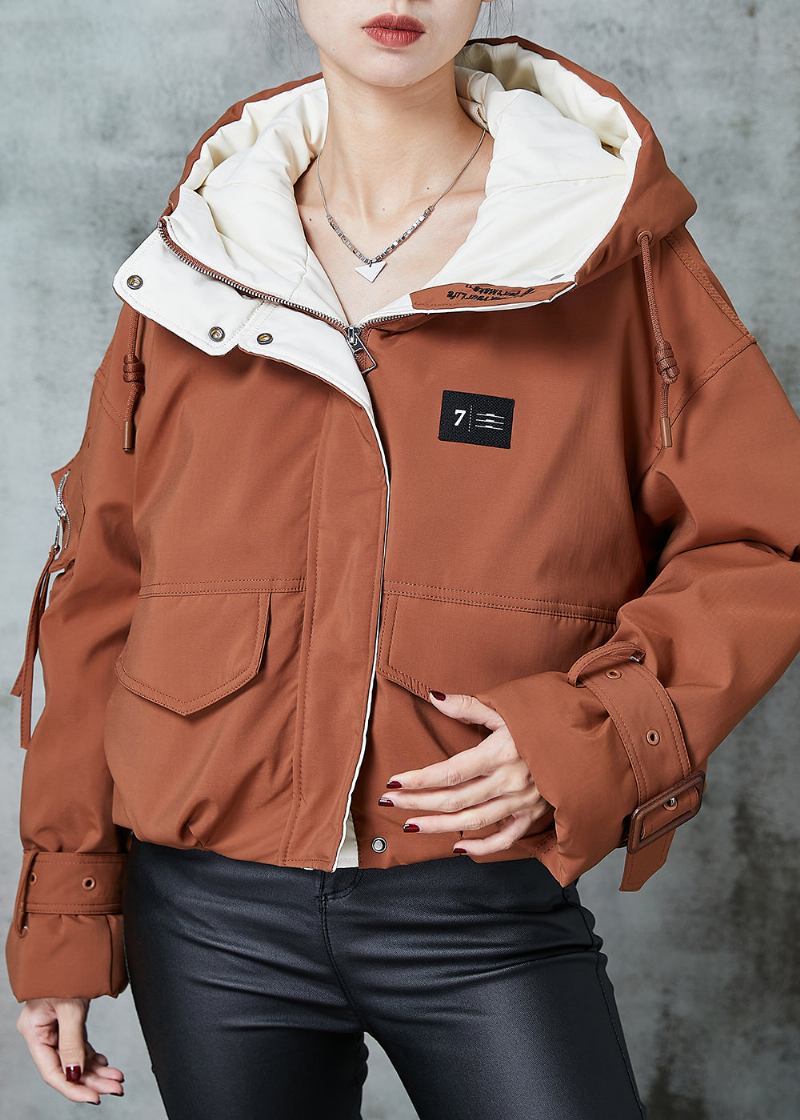 Orangefarbene Entendaunenjacke Mit Kapuze Und Taschen In Übergröße Für Den Winter - Damen-Daunenjacken