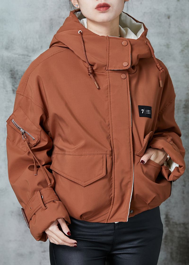 Orangefarbene Entendaunenjacke Mit Kapuze Und Taschen In Übergröße Für Den Winter - Damen-Daunenjacken