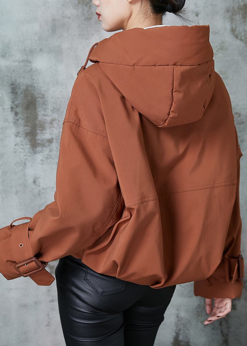 Orangefarbene Entendaunenjacke Mit Kapuze Und Taschen In Übergröße Für Den Winter - Damen-Daunenjacken