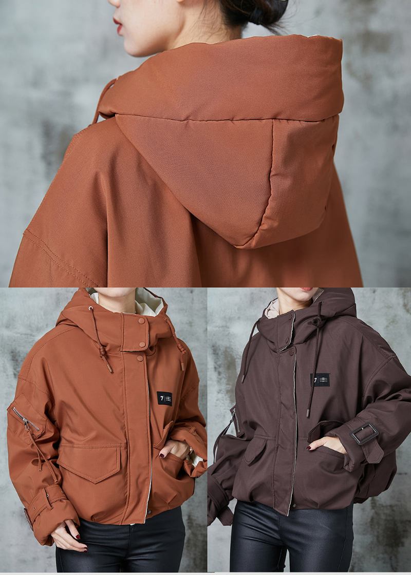 Orangefarbene Entendaunenjacke Mit Kapuze Und Taschen In Übergröße Für Den Winter - Damen-Daunenjacken