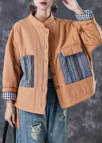 Orangefarbene Pufferjacke Mit Feiner Baumwollfüllung Im Patchwork-stil Und Übergroßen Taschen Im Winter