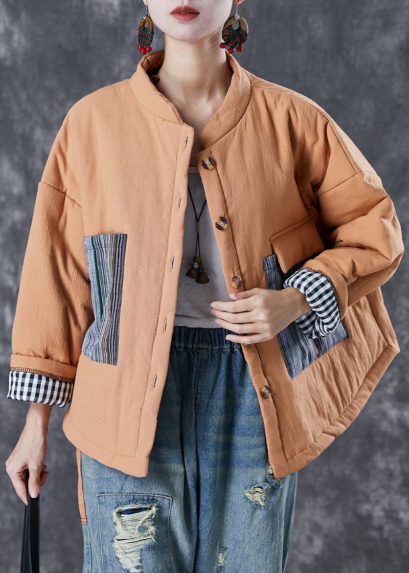 Orangefarbene Pufferjacke Mit Feiner Baumwollfüllung Im Patchwork-stil Und Übergroßen Taschen Im Winter - Damen-Daunenjacken