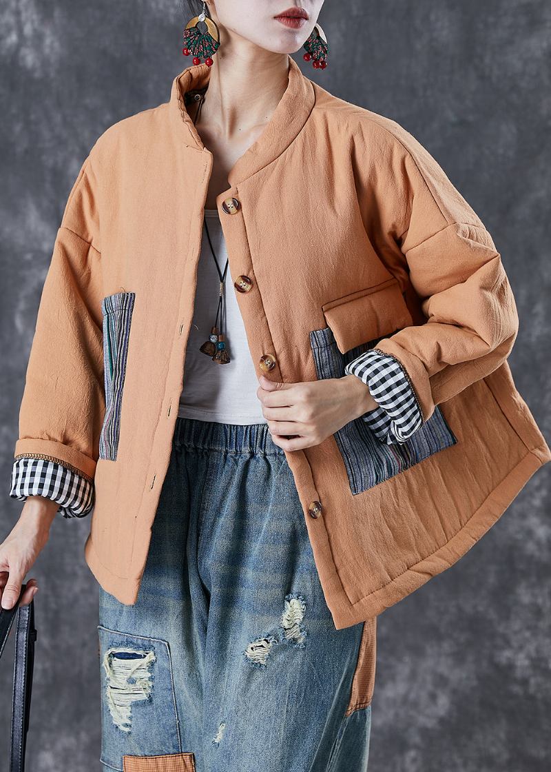 Orangefarbene Pufferjacke Mit Feiner Baumwollfüllung Im Patchwork-stil Und Übergroßen Taschen Im Winter - Damen-Daunenjacken