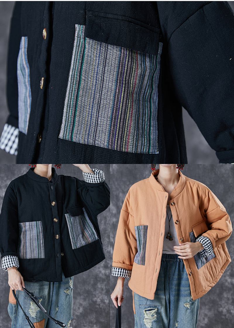 Orangefarbene Pufferjacke Mit Feiner Baumwollfüllung Im Patchwork-stil Und Übergroßen Taschen Im Winter - Damen-Daunenjacken