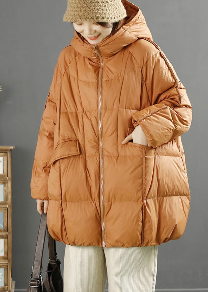 Orangefarbene Übergroße Daunenjacke Aus Entendaunen Für Damen Mit Kapuze Für Den Winter