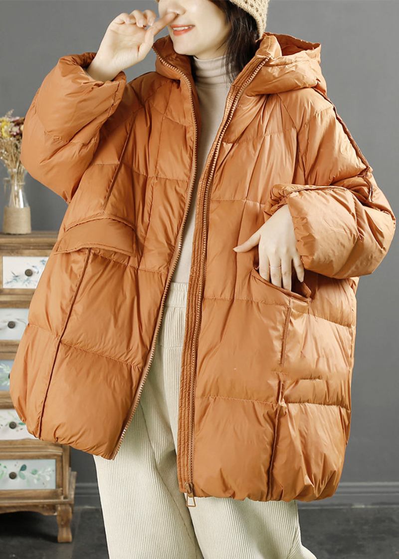 Orangefarbene Übergroße Daunenjacke Aus Entendaunen Für Damen Mit Kapuze Für Den Winter - Damen-Daunenjacken