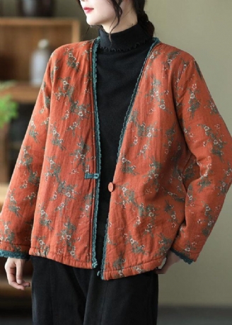 Orangefarbene Vintage-strickjacke Mit V-ausschnitt Und Feiner Baumwolle Bedruckt Winter