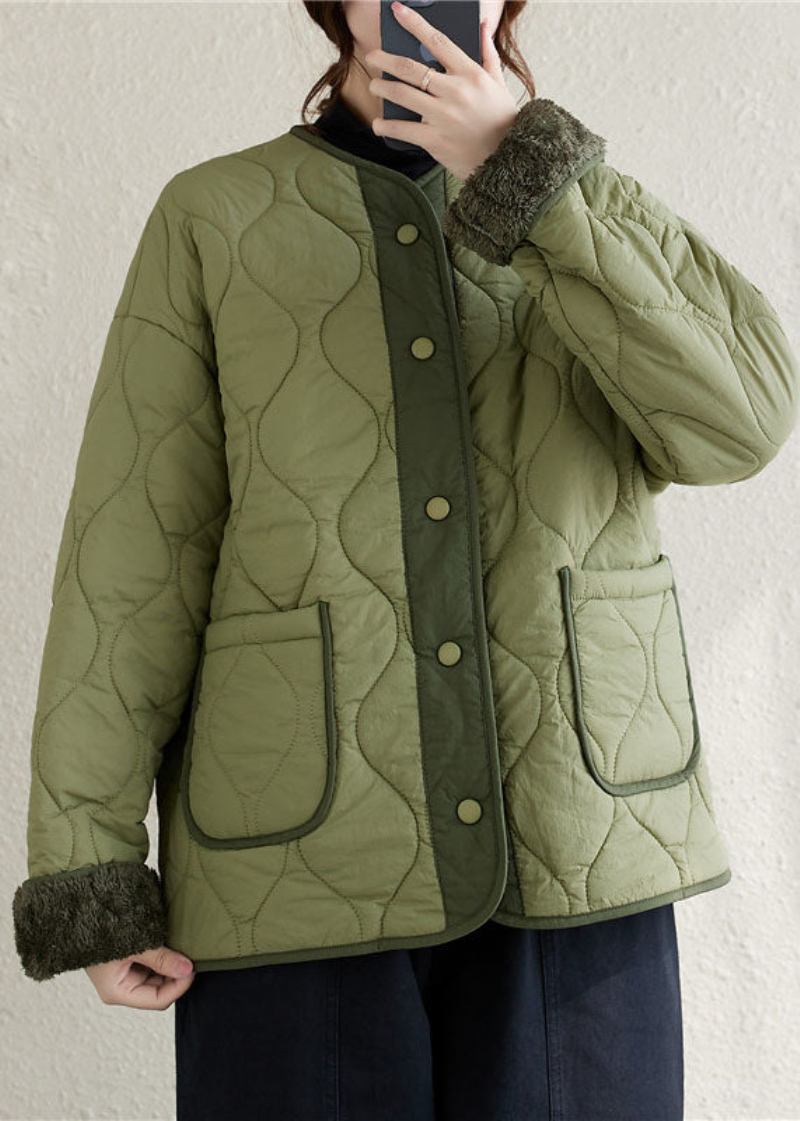 Plus Größe Armee Grün O-ausschnitt Patchwork Taschen Knopf Fleece Wolle Gefüttert Parka Winter