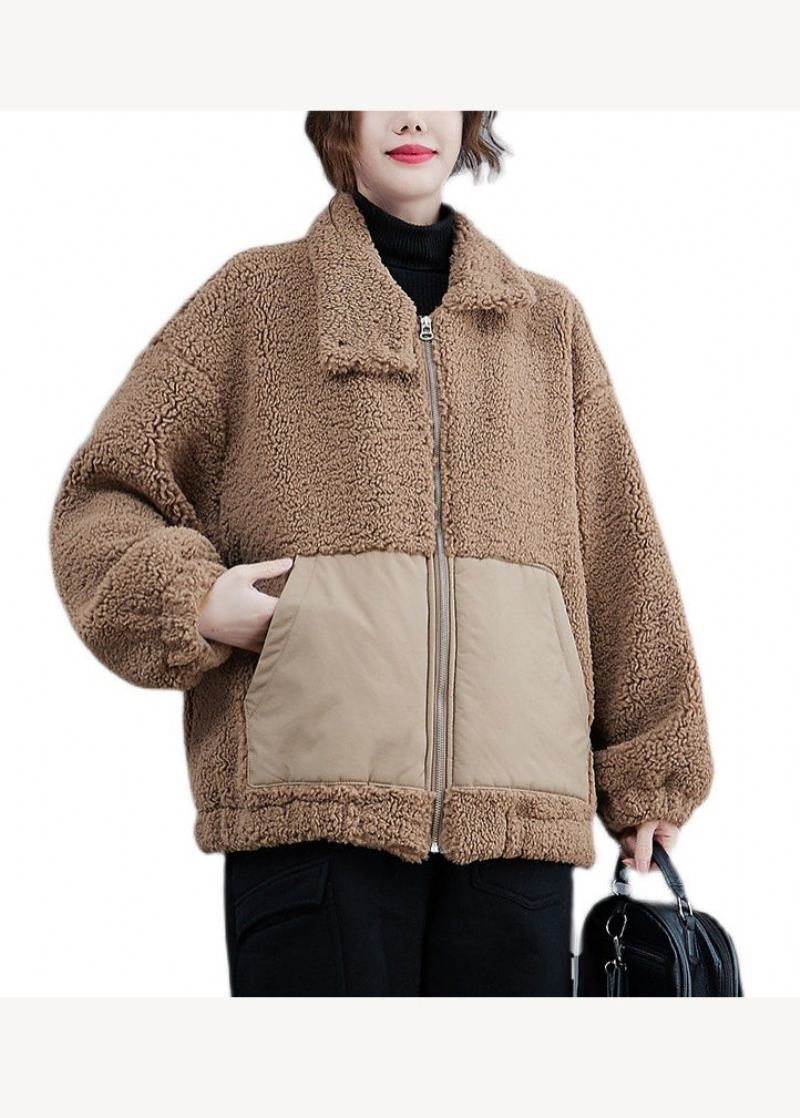 Plus Größe Kaffee Reißverschluss Taschen Patchwork Faux Pelz Jacke Winter - Damen-Daunenjacken