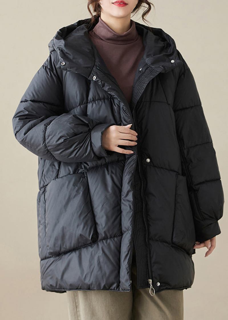 Plus Größe Schwarz Kapuze Taschen Feine Baumwolle Gefüllt Damen Parka Winter