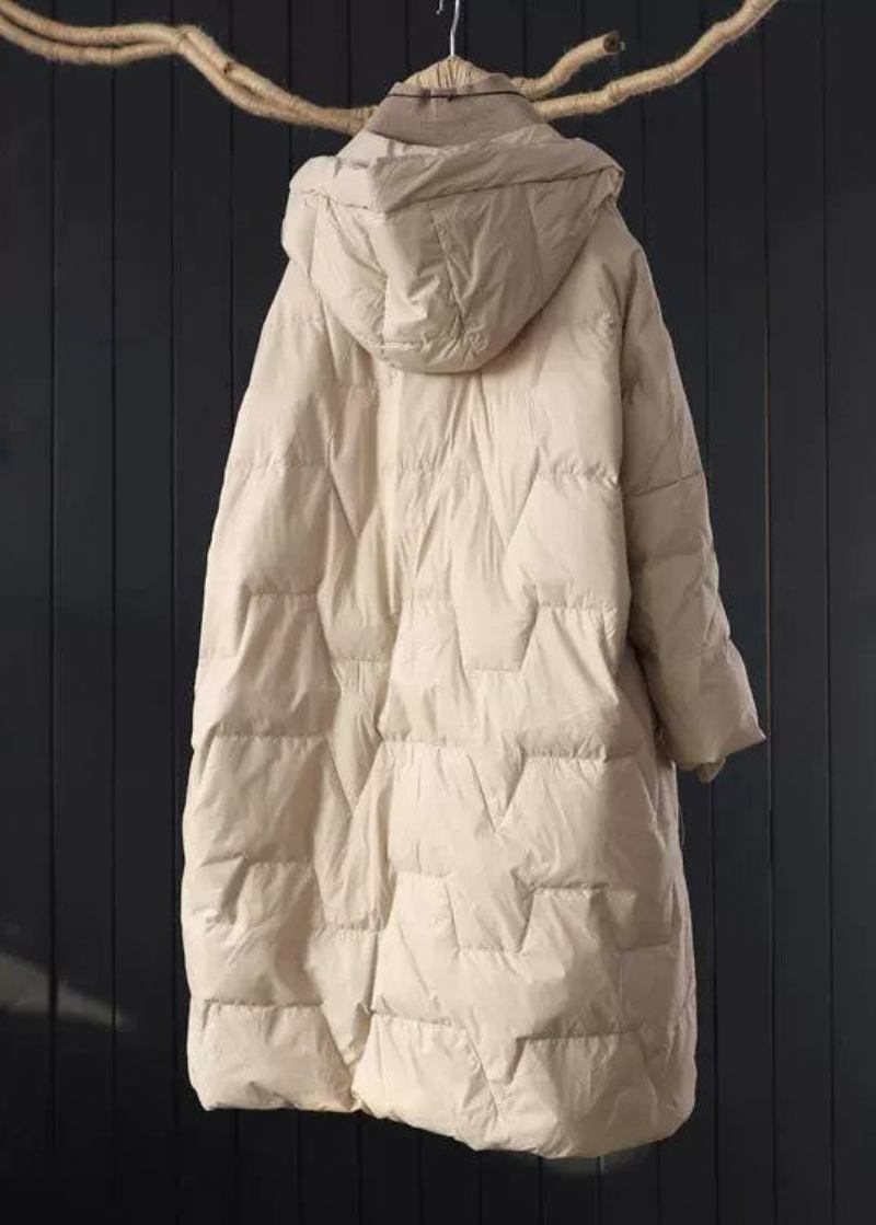 Plus Size Beige Parka Mit Kapuze Und Taschen Aus Feiner Baumwolle - Damen-Daunenjacken