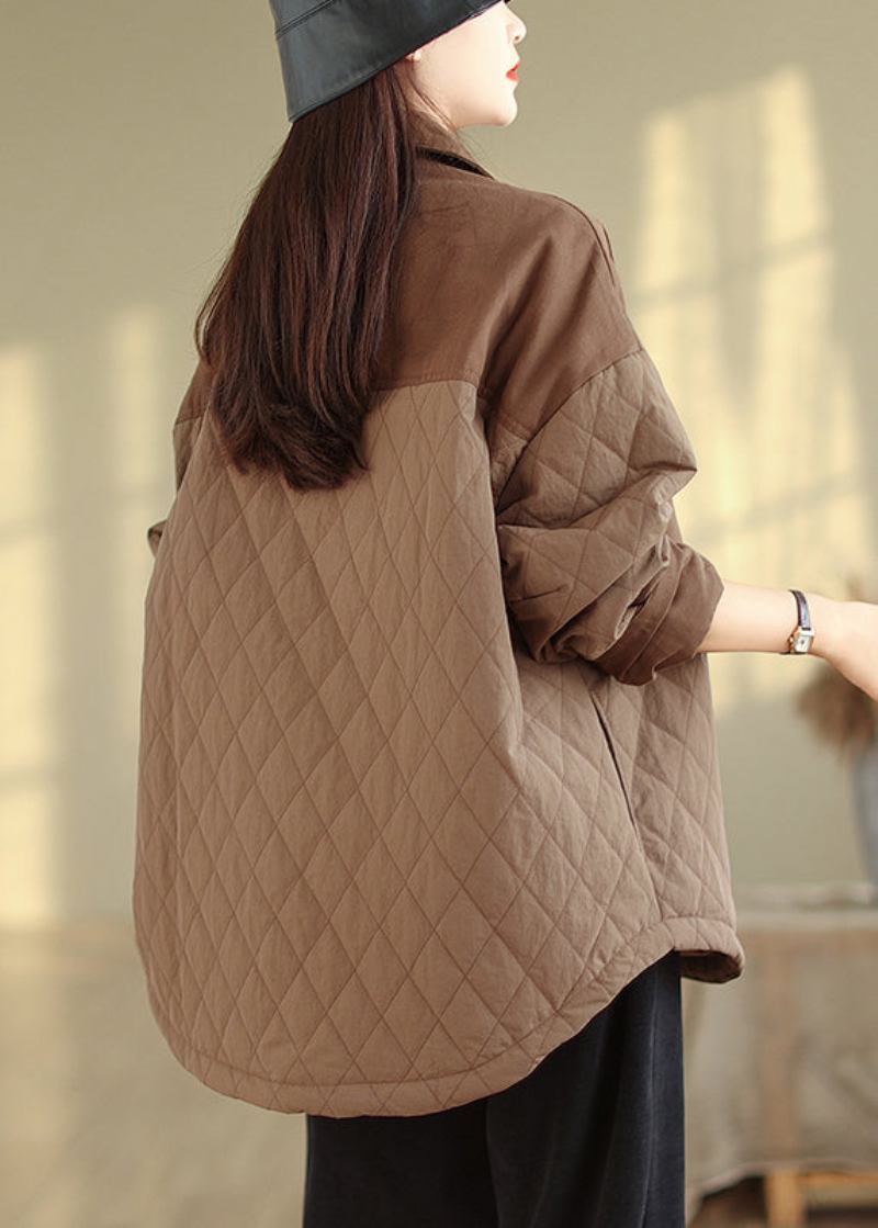 Plus Size Kaffee Übergroße Patchwork Feine Baumwolle Gefüllte Jacke Winter - Damen-Daunenjacken