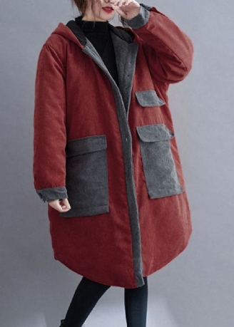 Plus Size Roter Wintermantel Mit Kapuze Und Knopfleiste Aus Cord Aus Baumwolle Mit Langen Ärmeln