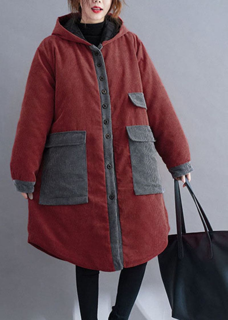 Plus Size Roter Wintermantel Mit Kapuze Und Knopfleiste Aus Cord Aus Baumwolle Mit Langen Ärmeln - Kaffee