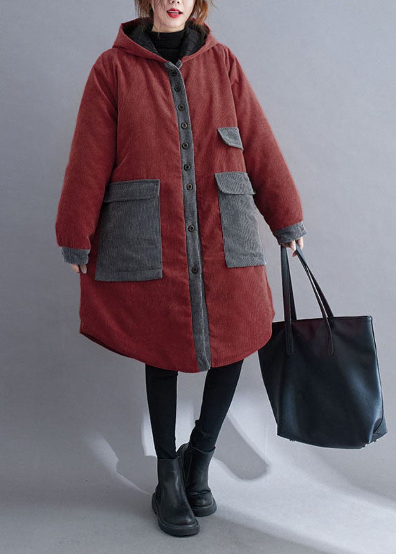 Plus Size Roter Wintermantel Mit Kapuze Und Knopfleiste Aus Cord Aus Baumwolle Mit Langen Ärmeln - Kaffee