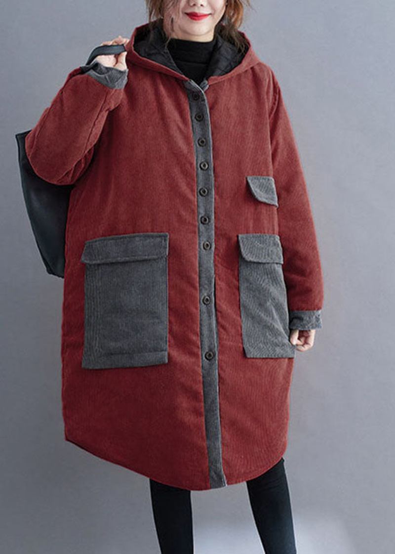 Plus Size Roter Wintermantel Mit Kapuze Und Knopfleiste Aus Cord Aus Baumwolle Mit Langen Ärmeln - Kaffee