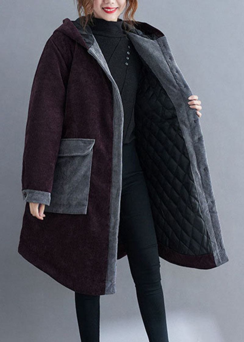 Plus Size Roter Wintermantel Mit Kapuze Und Knopfleiste Aus Cord Aus Baumwolle Mit Langen Ärmeln - Kaffee