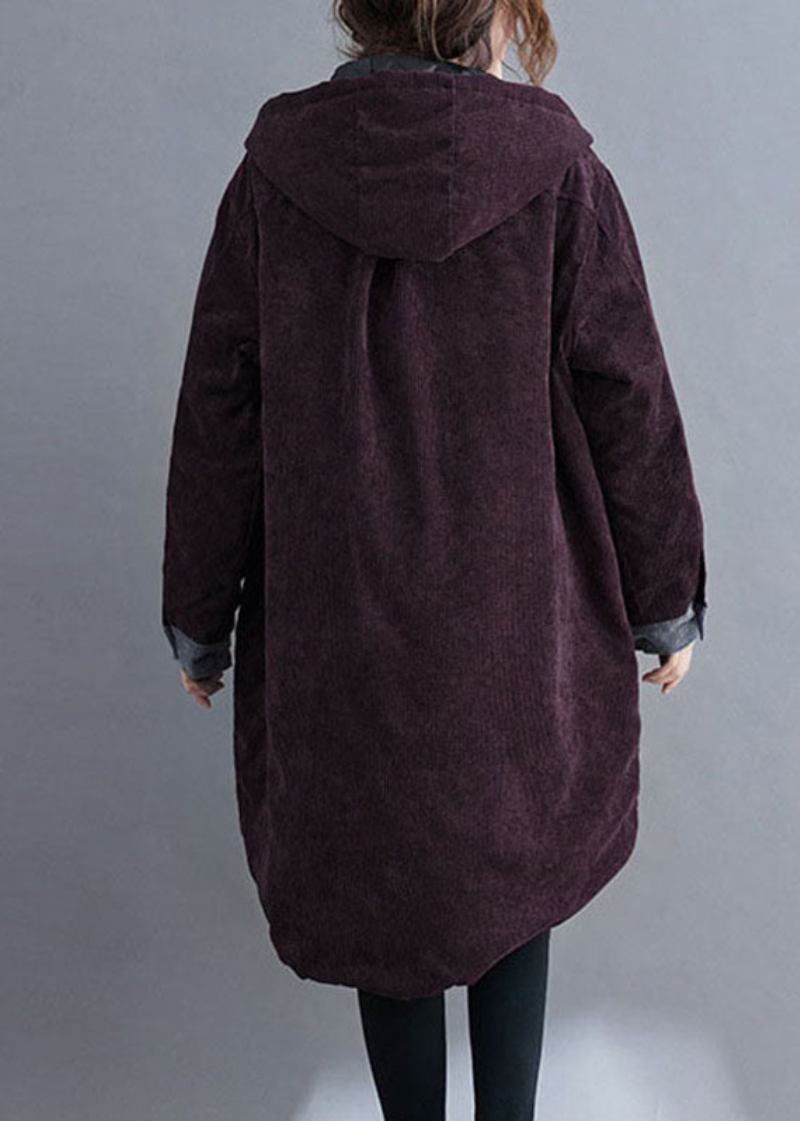 Plus Size Roter Wintermantel Mit Kapuze Und Knopfleiste Aus Cord Aus Baumwolle Mit Langen Ärmeln - Kaffee