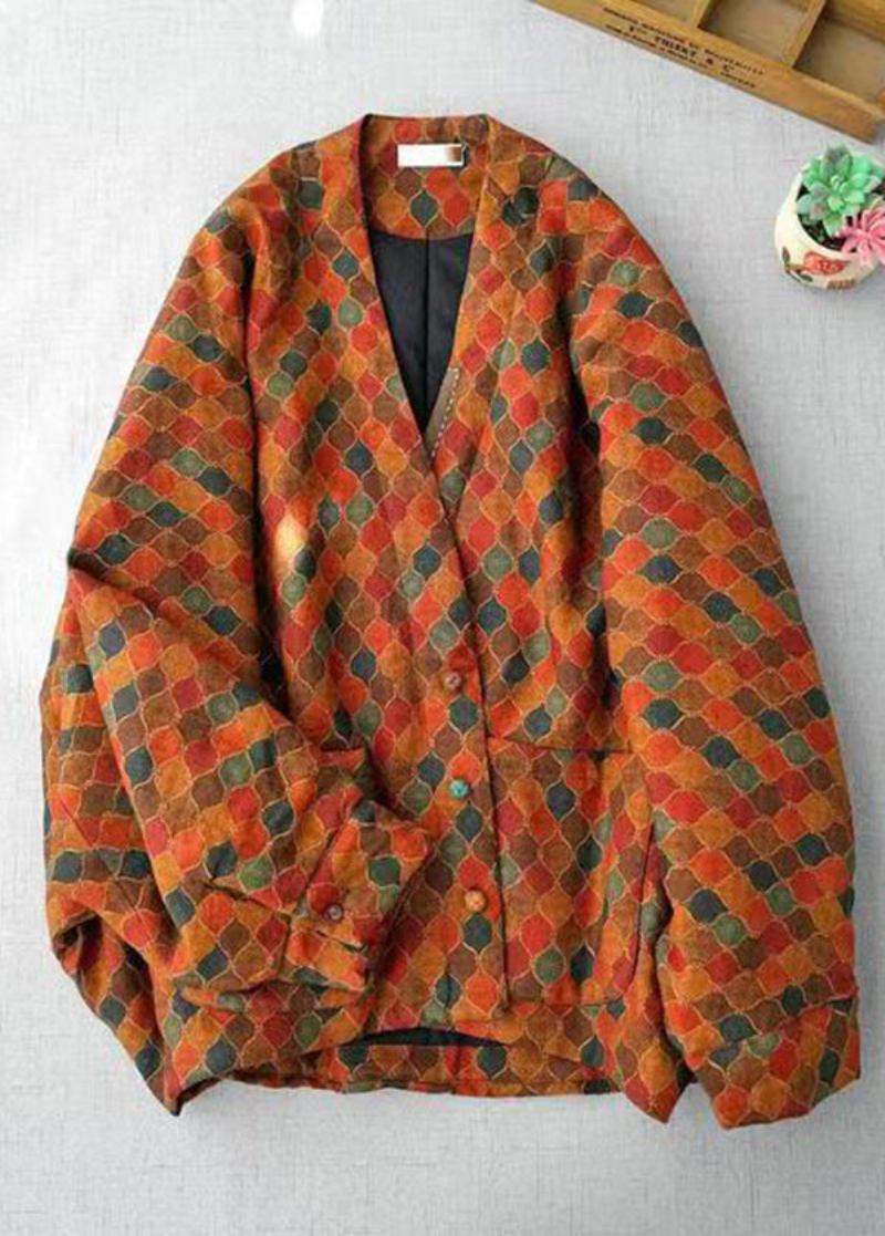 Retro Orange V-ausschnitt Print Feine Baumwolljacke Mit Fledermausärmeln