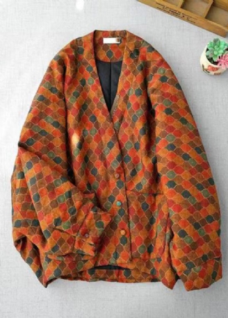 Retro Orange V-ausschnitt Print Feine Baumwolljacke Mit Fledermausärmeln