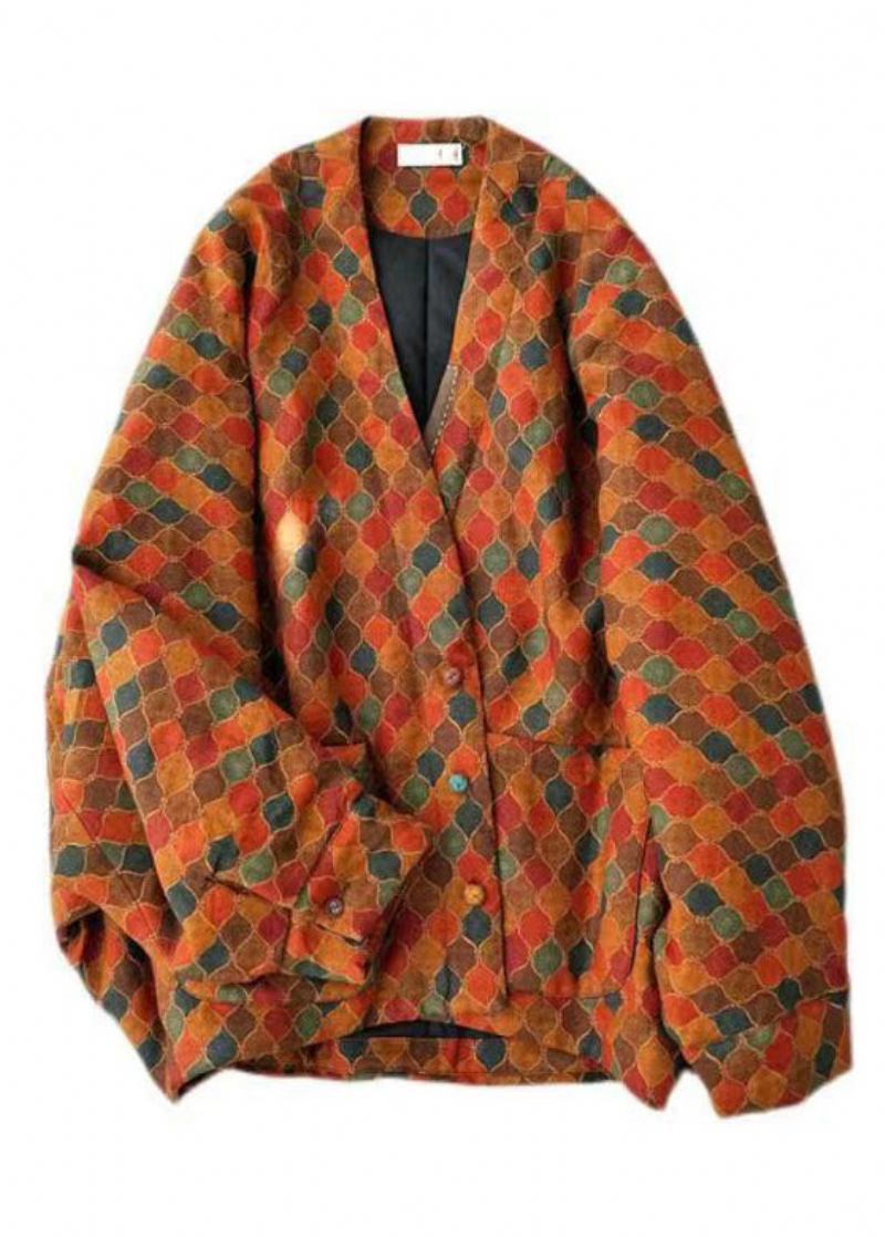 Retro Orange V-ausschnitt Print Feine Baumwolljacke Mit Fledermausärmeln - Damen-Daunenjacken