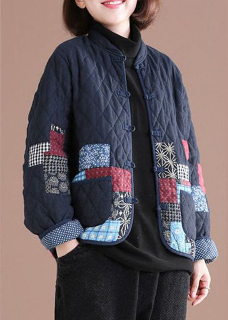 Retro-patchwork Im Orientalischen Stil In Blau Winterjacken Mit Applikationen Und Feiner Baumwollfüllung - Damen-Daunenjacken