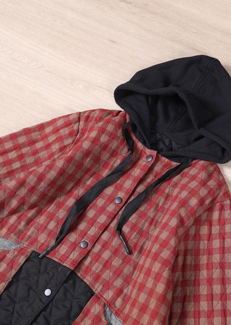 Rot Karierte Patchwork-winterparkas Für Damen - Rot