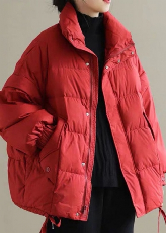 Rote Dicke Pufferjacke Aus Entendaunen Für Damen Für Den Winter