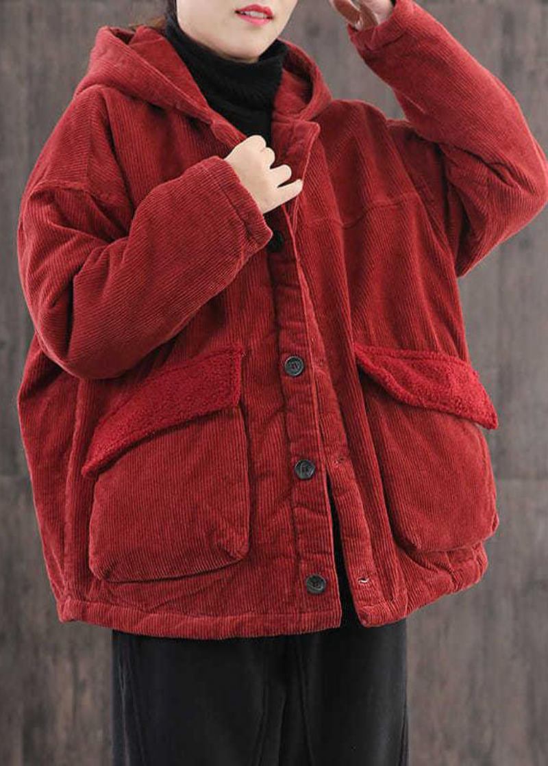 Rote Parkajacke Aus Feinem Cord Mit Kapuze Und Taschen In Übergröße Für Den Winter