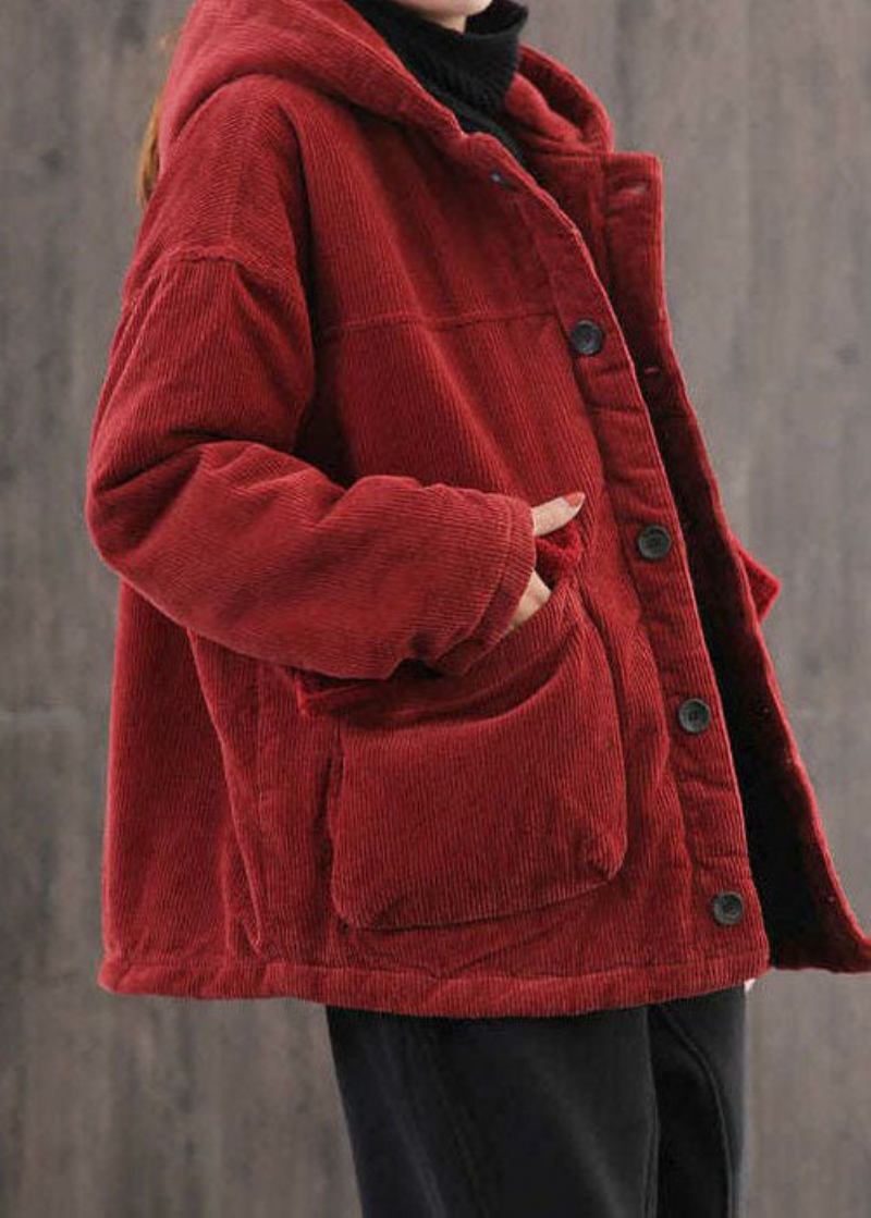 Rote Parkajacke Aus Feinem Cord Mit Kapuze Und Taschen In Übergröße Für Den Winter - Damen-Daunenjacken