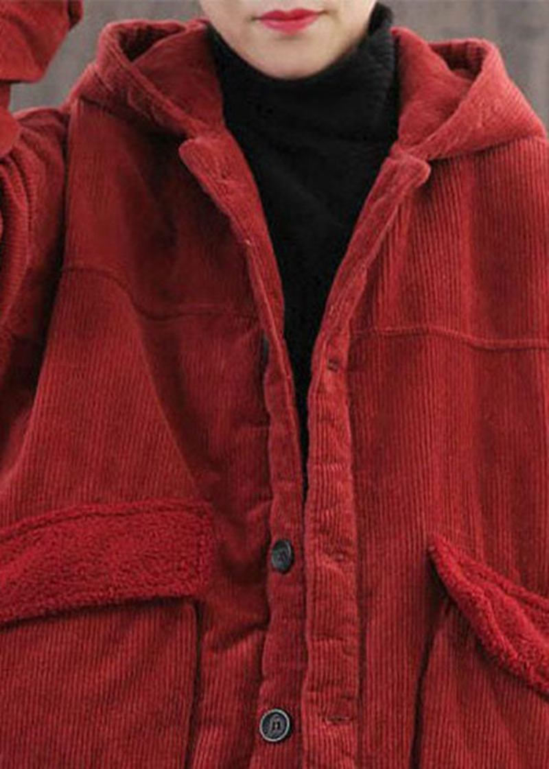 Rote Parkajacke Aus Feinem Cord Mit Kapuze Und Taschen In Übergröße Für Den Winter - Damen-Daunenjacken