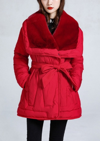 Rote Taschen Krawatte Taille Stilvolle Entendaunen Puffer Jacke Winter