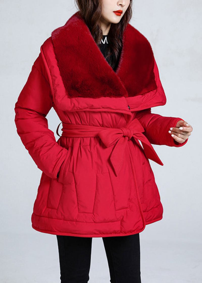 Rote Taschen Krawatte Taille Stilvolle Entendaunen Puffer Jacke Winter - Damen-Daunenjacken