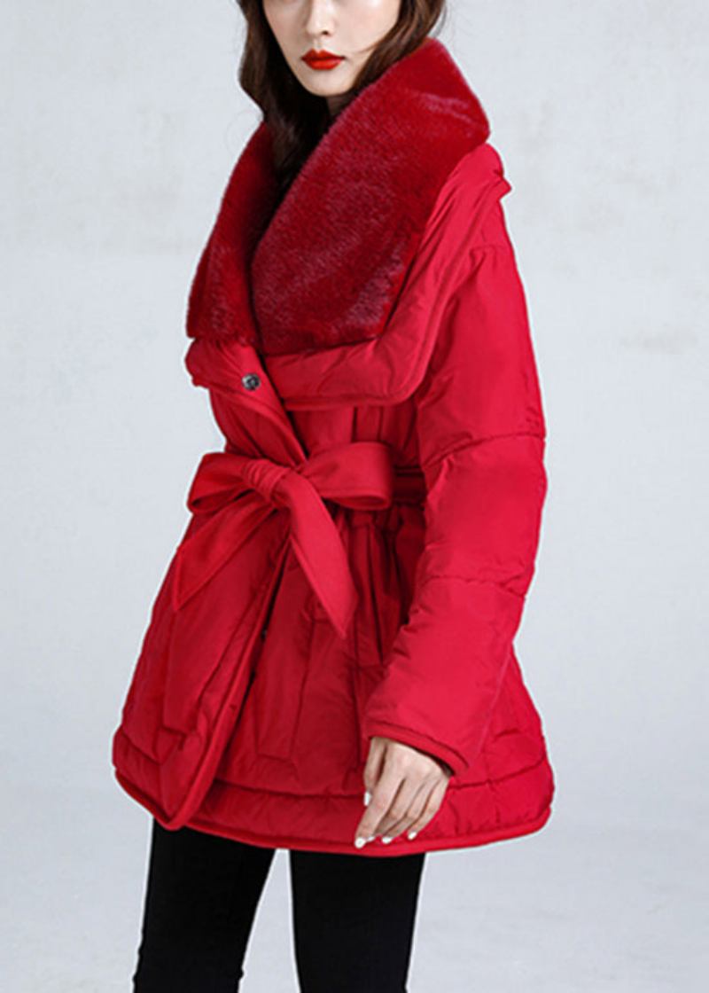 Rote Taschen Krawatte Taille Stilvolle Entendaunen Puffer Jacke Winter - Damen-Daunenjacken