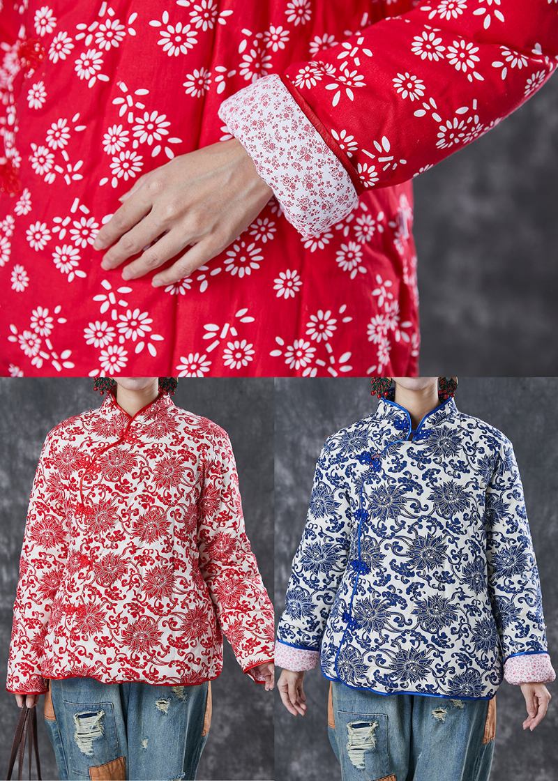 Roter Druck Feine Baumwolle Gefüllt Chinesische Stil Jacke Knopf Winter - Damen-Daunenjacken