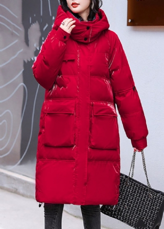 Roter Parka Mit Stehkragen Und Knopfleiste Dicker Mit Heller Kapuze Winter