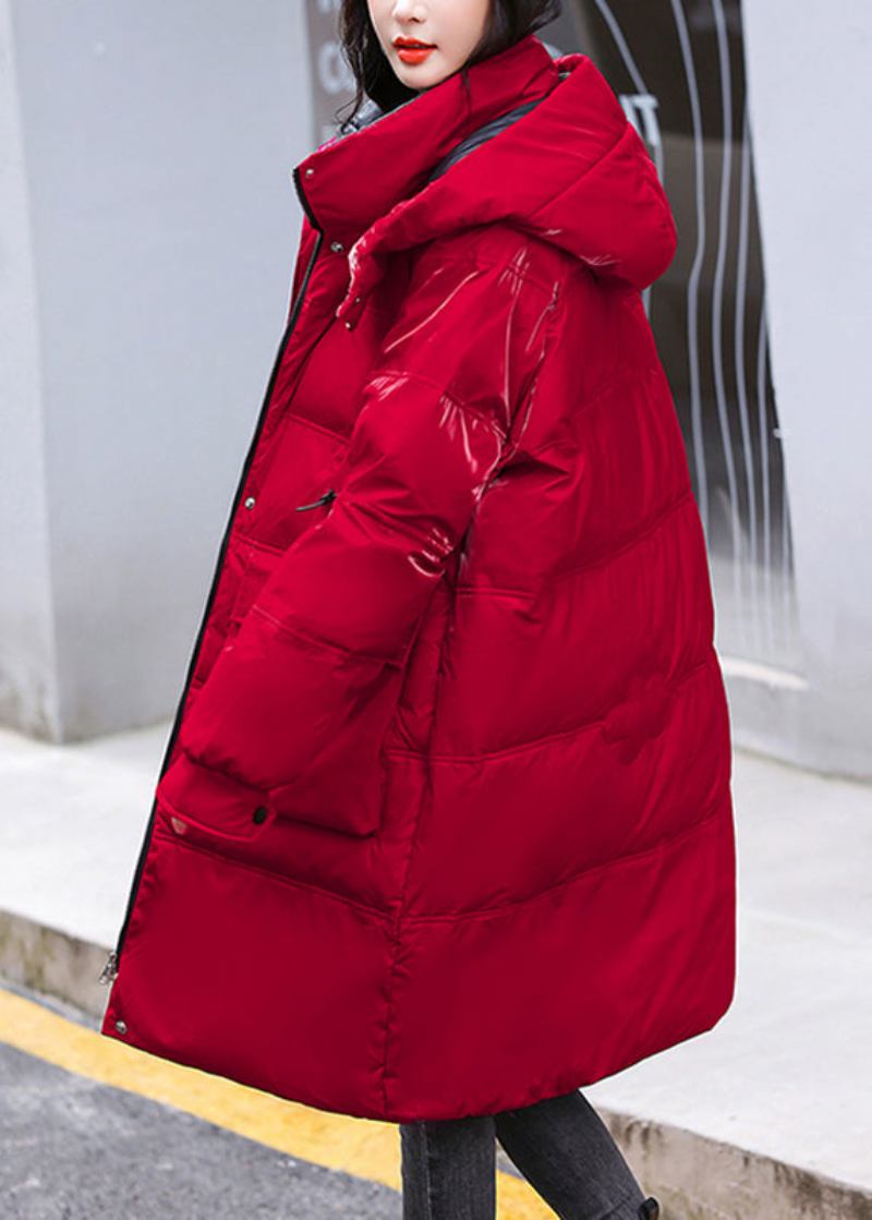 Roter Parka Mit Stehkragen Und Knopfleiste Dicker Mit Heller Kapuze Winter - Rot