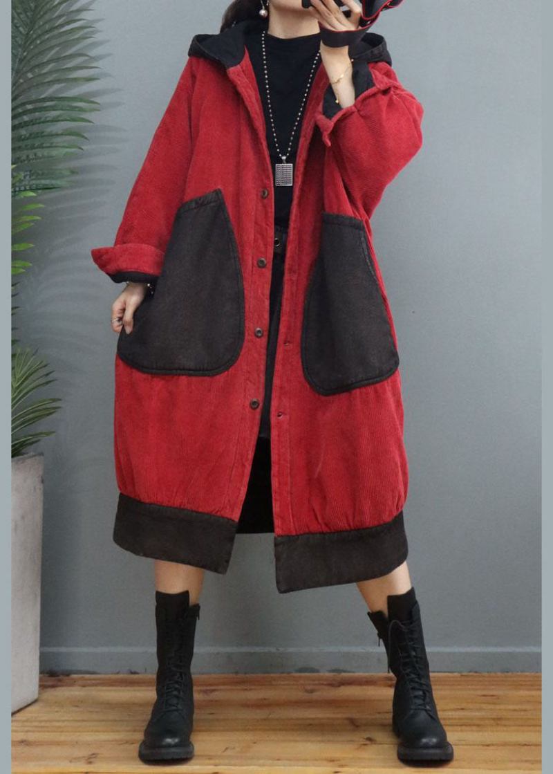 Roter Wintermantel Aus Cord Mit Patchwork-muster Und Kapuze In Übergröße - Rot