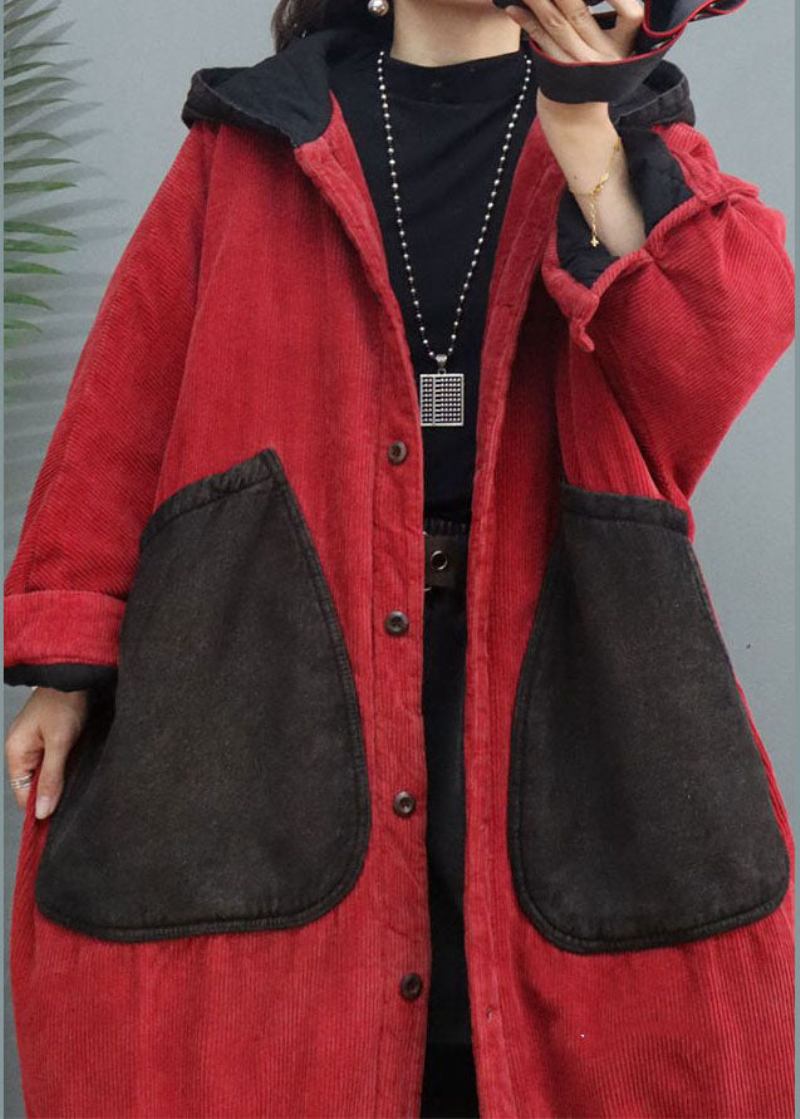 Roter Wintermantel Aus Cord Mit Patchwork-muster Und Kapuze In Übergröße - Rot