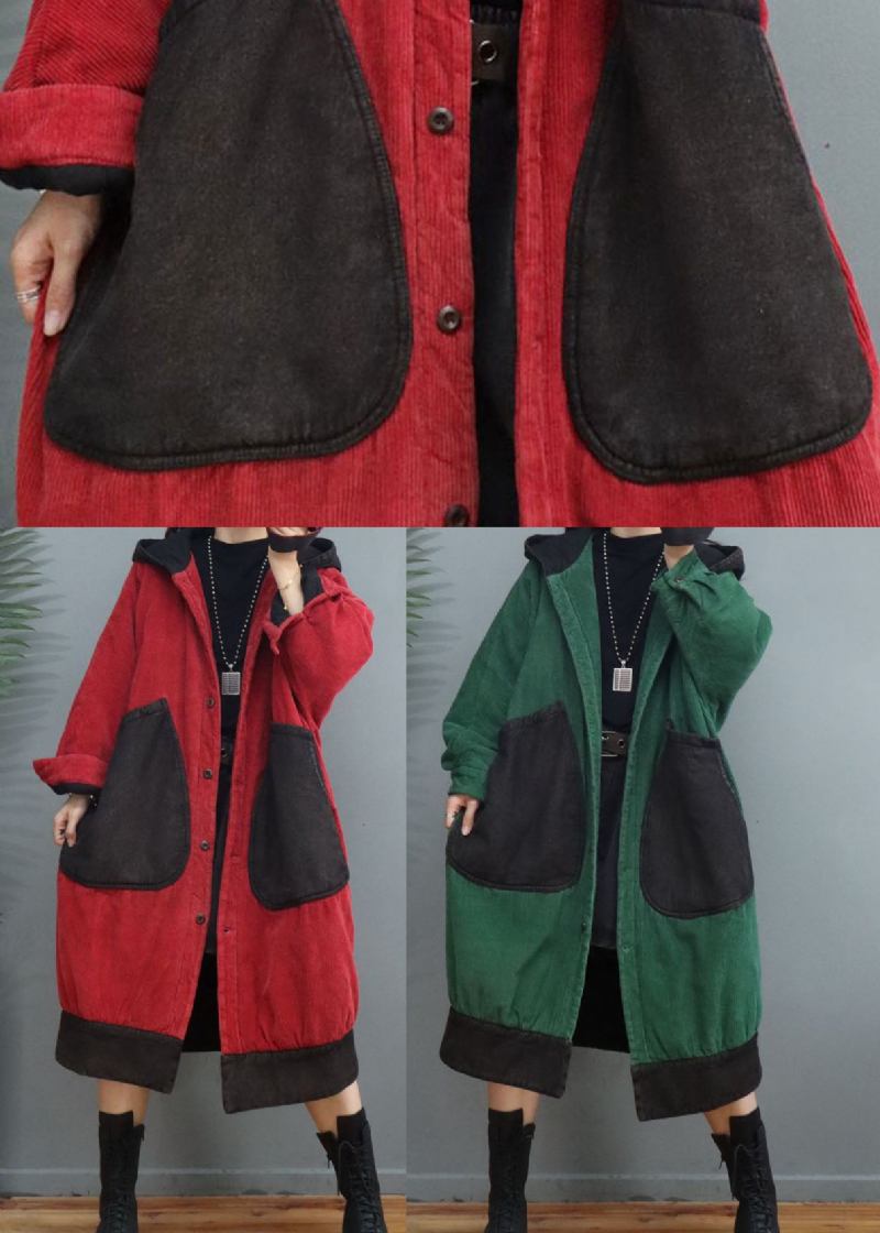 Roter Wintermantel Aus Cord Mit Patchwork-muster Und Kapuze In Übergröße - Rot