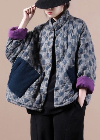 Schicke Blaue Gepunktete Patchwork-winterbaumwolljacke Mit Taschen