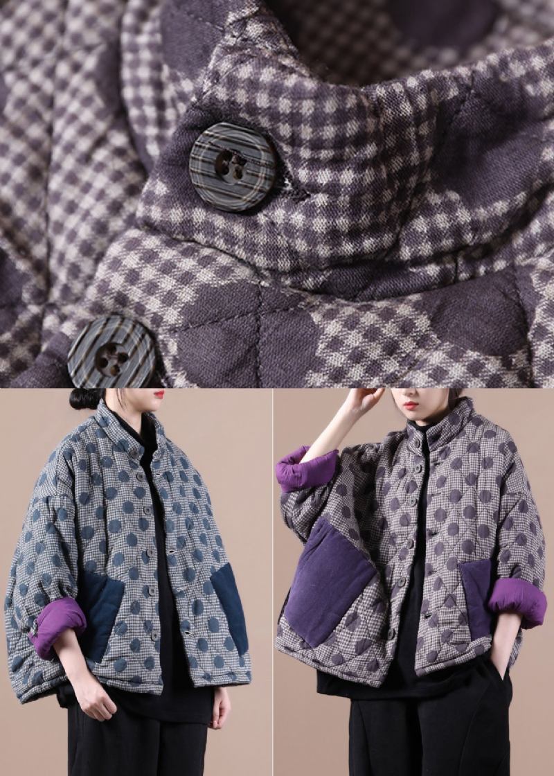 Schicke Blaue Gepunktete Patchwork-winterbaumwolljacke Mit Taschen - Lila