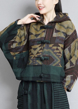 Schicke Grüne Patchworkjacke Mit Kapuze Und Orientalischem Knopf Winterjacke Aus Feiner Baumwolle