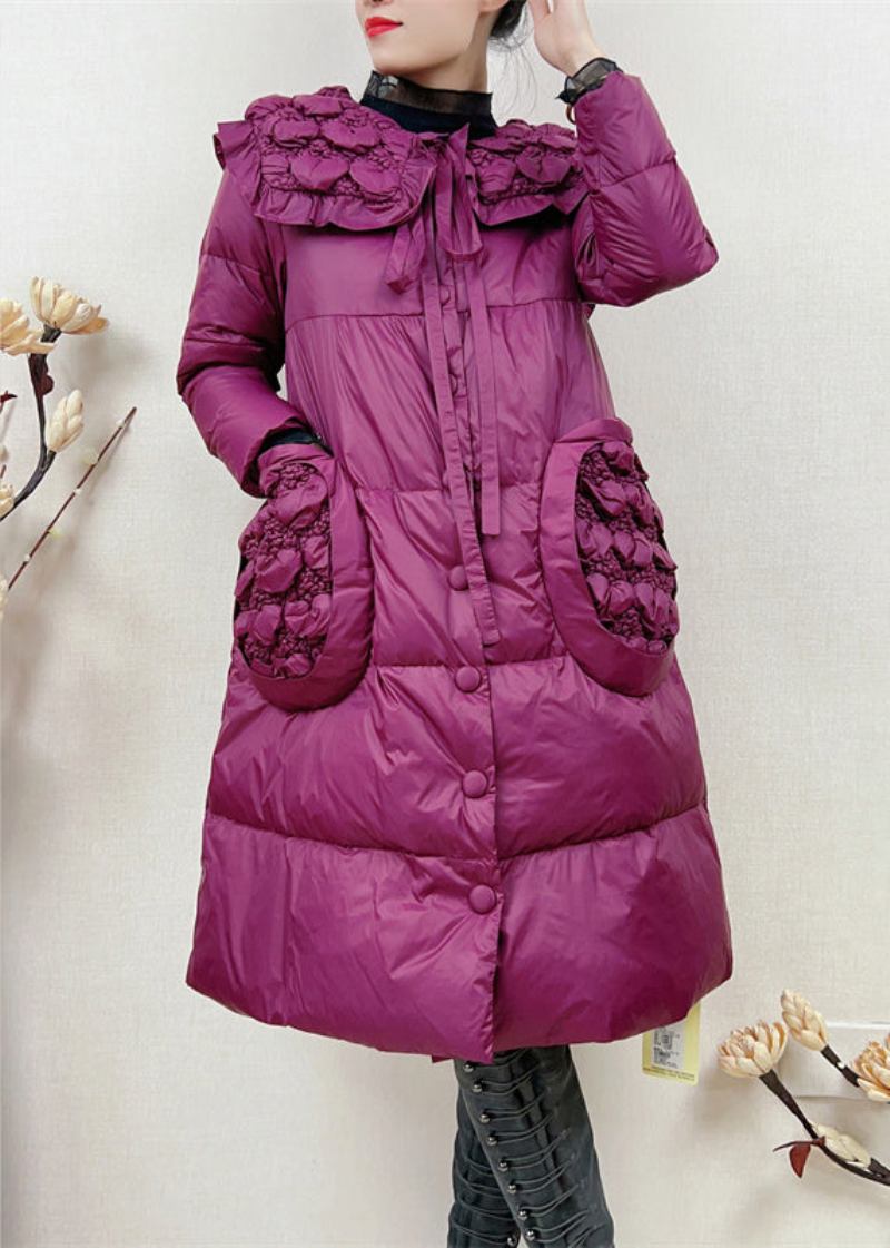 Schicke Langärmlige Patchwork-daunenjacke Mit Knopfleiste Und Schnürung In Rosa - Damen-Daunenjacken