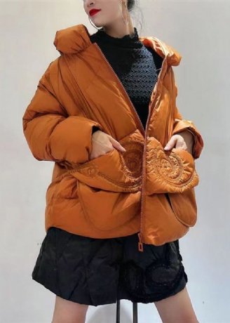 Schicke Orangefarbene Langärmlige Daunenjacke Mit Patchwork-taschen Im Patchwork-stil Im Winter